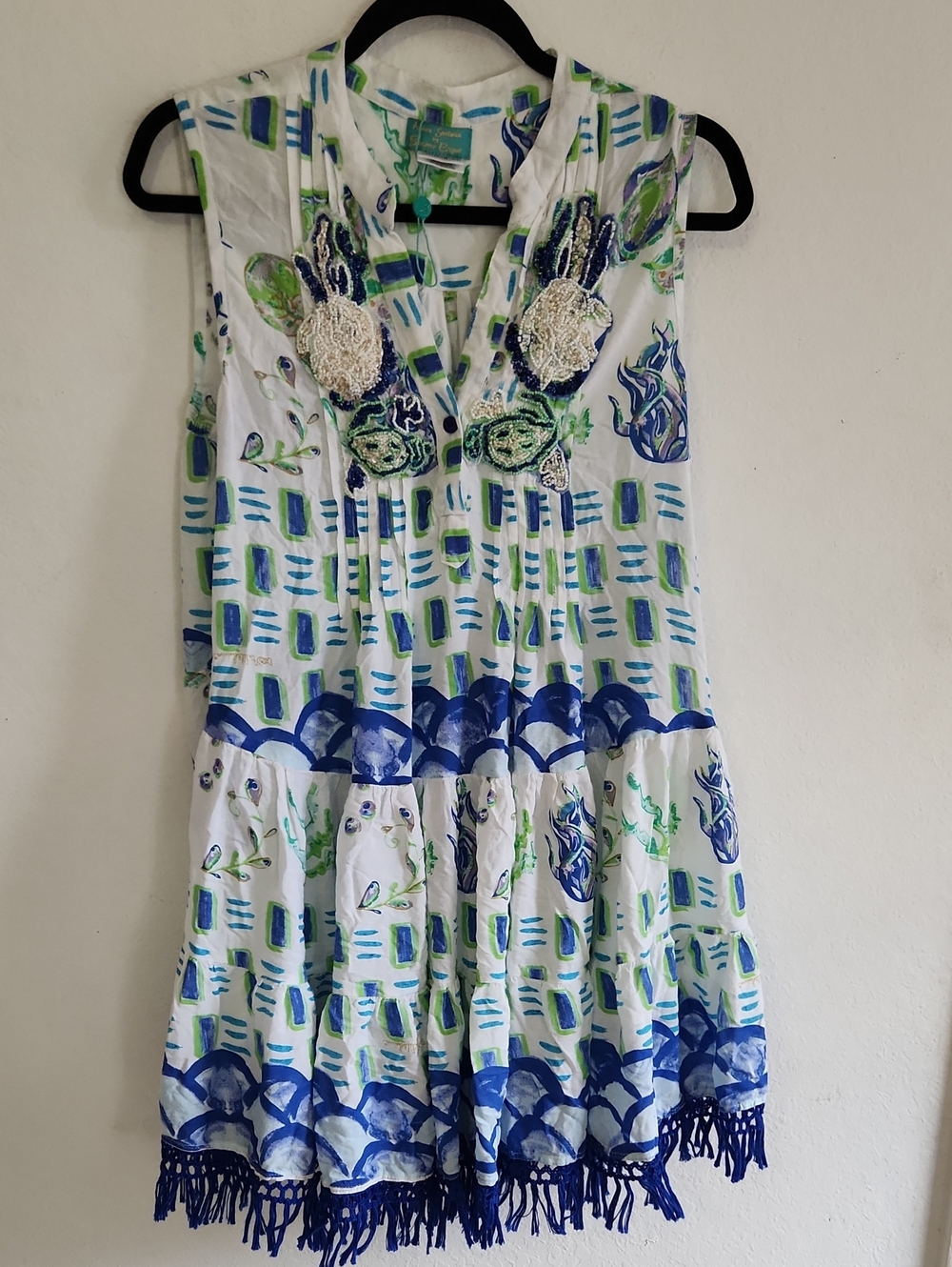 Sleeveless White Mini Dress with Blue & Green Print and Fringe